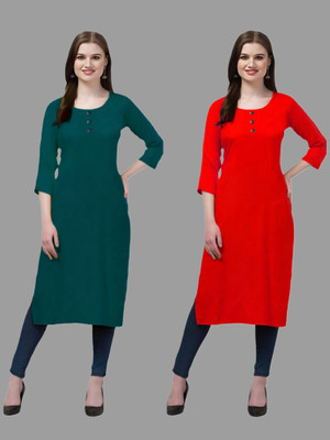 HOFC Women Solid Straight Kurta(Dark Green, Red)