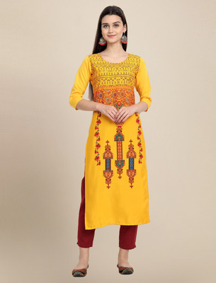 1 Stop Fashion Women Printed Straight Kurta(Yellow)