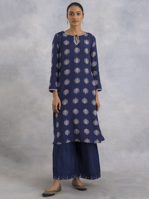 W Women Self Design Straight Kurta(Blue)