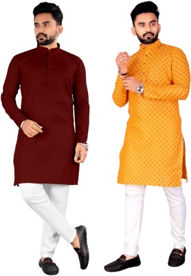 Svatantra Men Solid Straight Kurta(Yellow, Maroon)