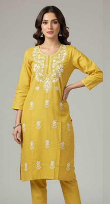 VELORA Women Embroidered A-line Kurta(Yellow)