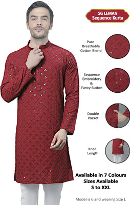 SG LEMAN Men Embroidered Straight Kurta(Maroon)