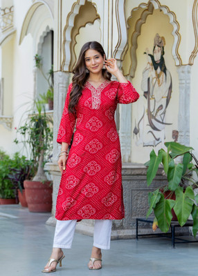 Preetshri Women Printed Straight Kurta(Red)