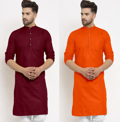 JENZEE Fashion Men Printed Straight Kurta(Orange, Maroon)
