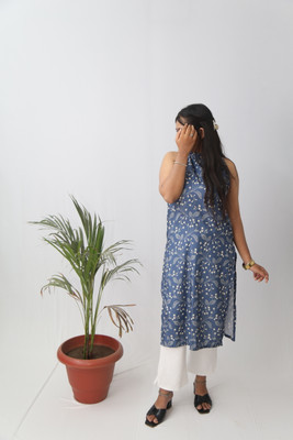 aanzri Women Floral Print, Printed A-line Kurta(Blue)