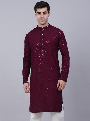 Alankrit Textiles Men Chikan Embroidery A-line Kurta(Purple)