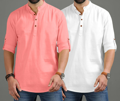 ROYAL SCOUT Men Solid Straight Kurta(Pink, White)