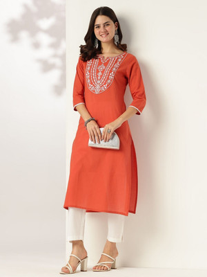 Janasya Women Embroidered Straight Kurta(Orange)