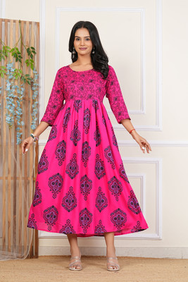 Priyshi Designing Women Printed Flared Kurta(Pink)