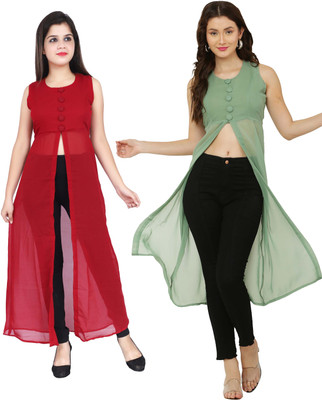 VESICLE Women Solid Frontslit Kurta(Maroon, Light Green)