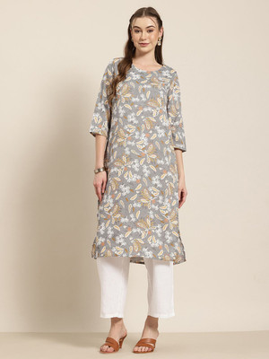 HERE&NOW Women Floral Print Straight Kurta(Grey)