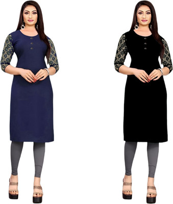 HOFC Women Solid Straight Kurta(Blue, Black)