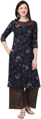 SHOPPING QUEEN Women Printed Straight Kurta(Blue)