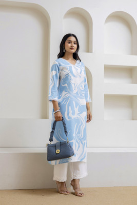 DesiHulia Women Floral Print Straight Kurta(White, Blue)