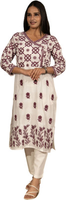 Gailee Women Chikan Embroidery Straight Kurta(White)