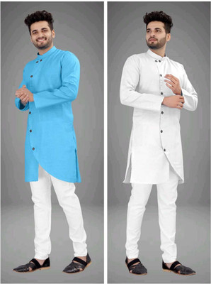DIAMOND CLUSTER Men Solid Asymmetric Kurta(Blue, White)
