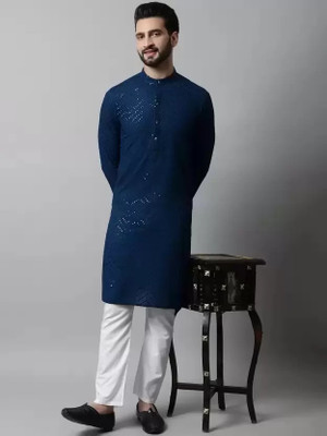 RAG Solutions Men Embellished Straight Kurta(Dark Blue)