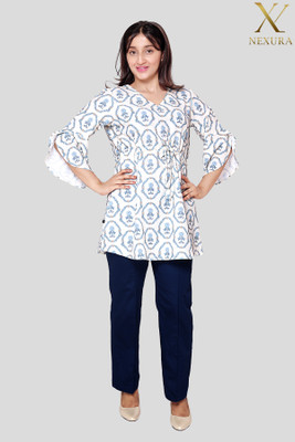 NEXURA FASHION Women Floral Print Tunic Kurta(Blue, White)