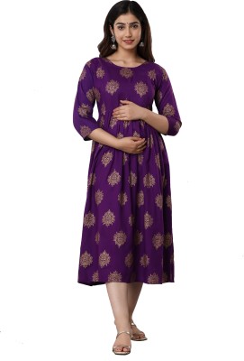 Govindam Women Printed Flared Kurta(Purple, Gold)