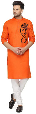 Ethnic Corner Men Solid Straight Kurta(Orange)