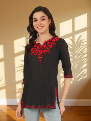 Miss Peach Women Embroidered A-line Kurta(Black)