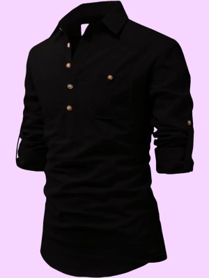 Life Roads Men Solid Pathani Kurta(Black)