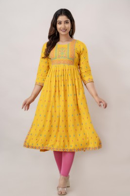 Vnyashri Women Printed Anarkali Kurta(Yellow)