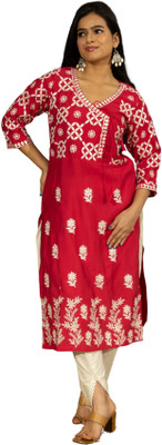 Gailee Women Chikan Embroidery Straight Kurta(Red)
