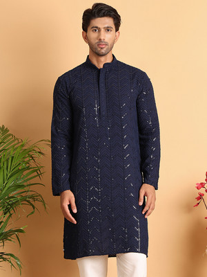 Jompers Men Embroidered Straight Kurta(Blue)