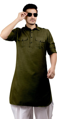 K Royals Men Solid Pathani Kurta(Dark Green)
