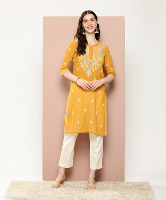 Dream Tree Women Chikan Embroidery Straight Kurta(Yellow)