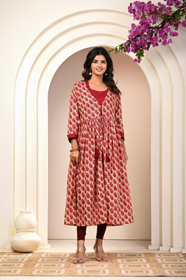 Kriftee Women Printed A-line Kurta(Brown)