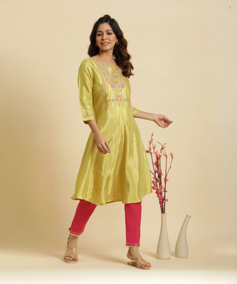 W Women Solid Flared Kurta(Gold)