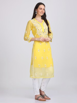 Fashion Chikan Art Women Embellished Straight Kurta(Yellow)