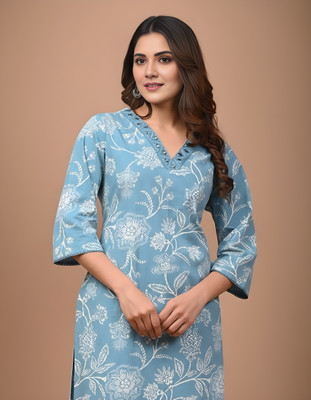 suranjanakart Women Floral Print, Printed A-line Kurta(Light Blue)