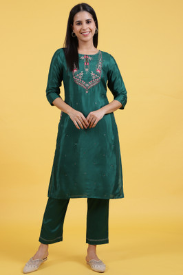 W Women Self Design Straight Kurta(Green)