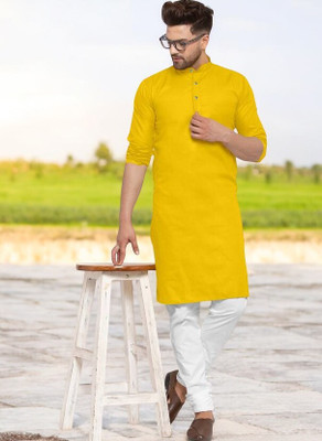 Anuj Fashion Men Solid Straight Kurta(Yellow)