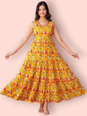 mk creation Women Printed Anarkali Kurta(Yellow)