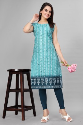 HomeDeal Women Geometric Print Straight Kurta(Light Blue)