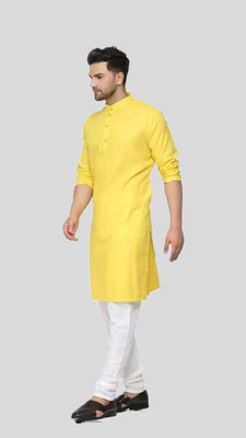 HouseOfCommon Men Solid A-line Kurta(Yellow)