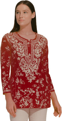 Era Chikan Women Embroidered Straight Kurta(Red)