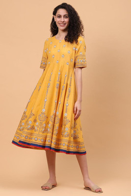 RANGRITI Women Printed Anarkali Kurta(Yellow)