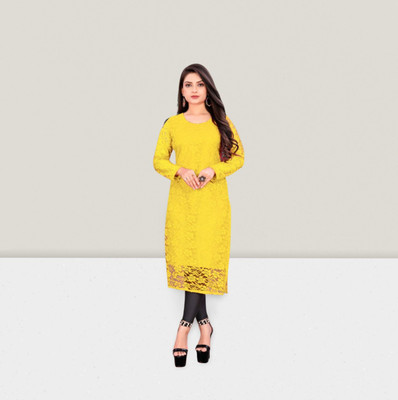 HouseOfCommon Women Self Design Straight Kurta(Yellow)