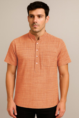 fincart Men Self Design Asymmetric Kurta(Orange)