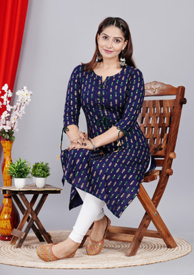 Gahnat Women Printed Straight Kurta(Dark Blue, Yellow, Green)
