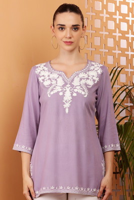 Akshatani Women Embroidered Straight Kurta(Purple)