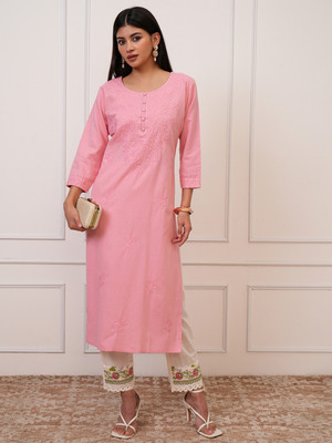 Vishudh Women Embroidered Straight Kurta(Pink)