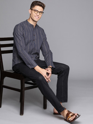 Indo Era Men Printed Straight Kurta(Dark Blue)