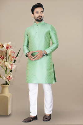VALAKI Men Woven Design Straight Kurta(Light Green)