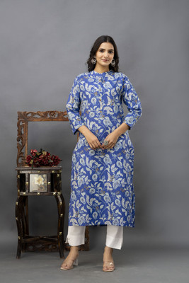 KALPHEM Women Floral Print Straight Kurta(Blue)